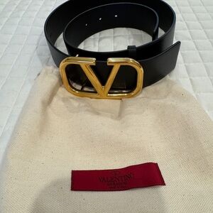Valentino Black Leather Belt with Gold Logo Buckle size 75/30